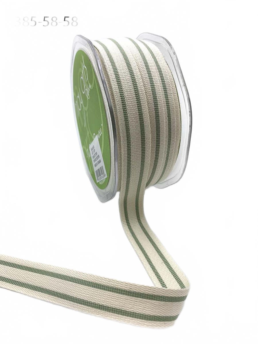 5/8 Inch Jadite Green Cotton Blend Double Stripe Ribbon With Woven Edge