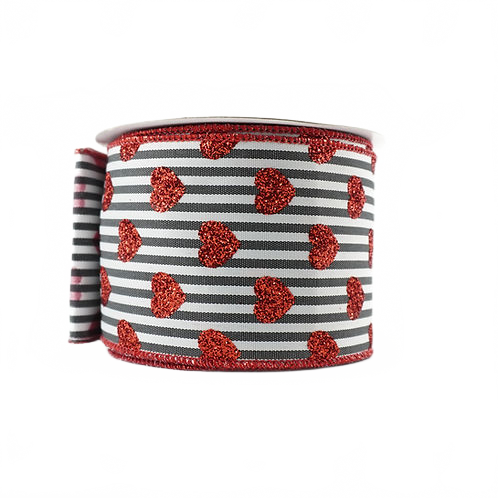 Ribbon 2.5" Stripes Glitter Small Hearts Red
