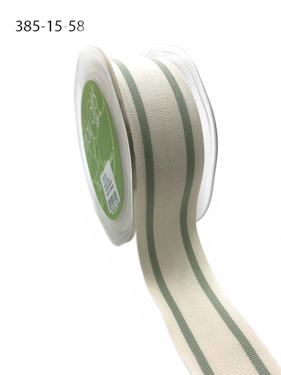 1.5 Inch Jadite Green Cotton Blend Woven Double Stripe Ribbon With Woven Edge