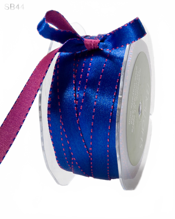3/8 Inch Reversible Two-Color Royal Blue/Fuschia Satin Ribbon With Woven Stitched Edge