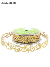 7/8 Inch Adhesive Gold Satin Fleur-De-Lis Scroll Ribbon With Cut Sealed Edge
