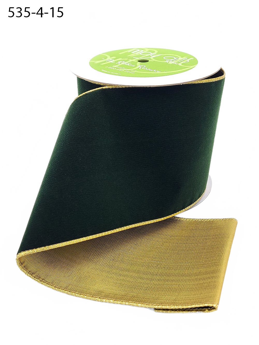 4 Inch Forest Green Velvet Gold Back Ribbon With Wired Edge
