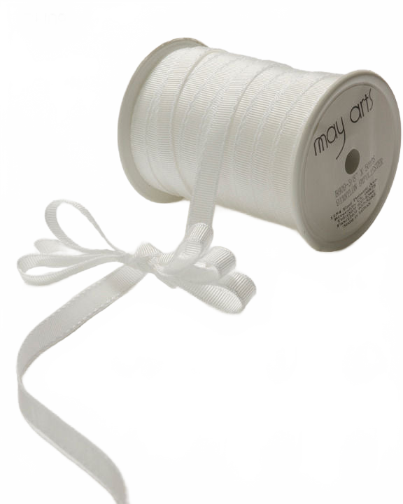 3/8 Inch Classic Ivory/White Stitch Grosgrain Ribbon With Woven Stitched Edge