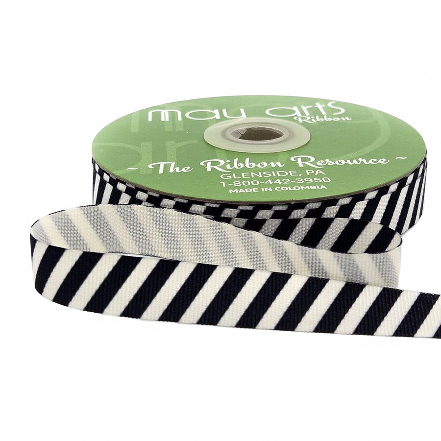 5/8 Inch Modern Diagonal Striped Black/Ivory Grosgrain Ribbon With Woven Edge