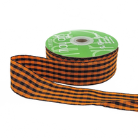 1.5 Inch Checkered Gingham Orange/Black Ribbon With Woven Edge