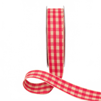 7/8 Inch Woven Antique Ivory Checkered Pink Ribbon With Woven Edge