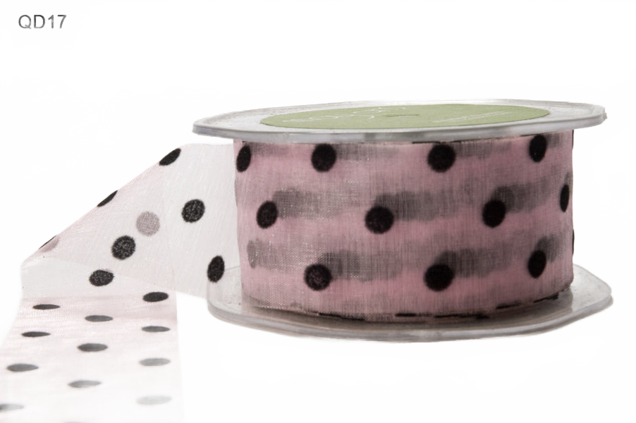 1.5 Inch Sheer With Pink/Black Dots Velvet Dots Ribbon
