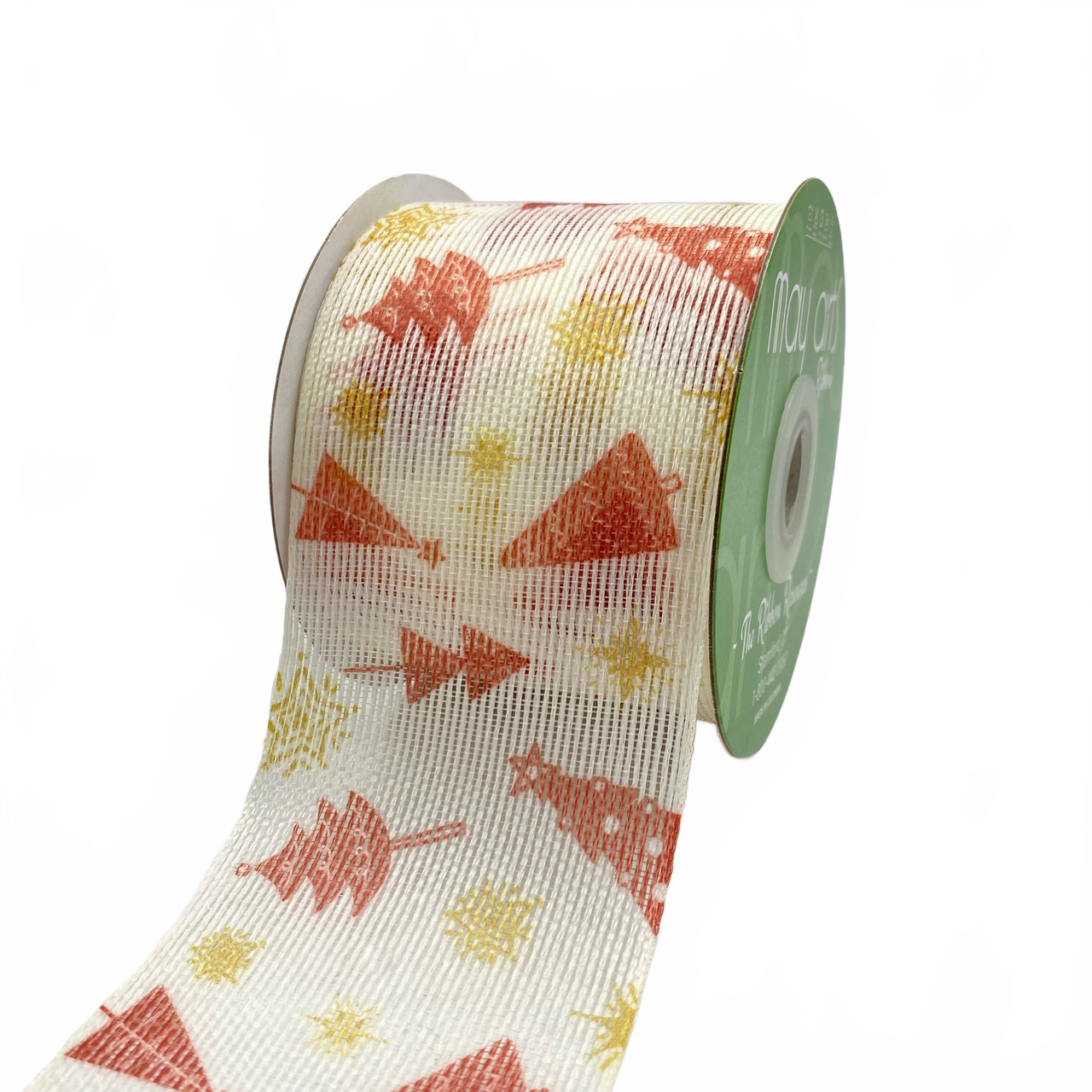 2 3/4 Inch Semi Red/Gold Sheer Holiday Tree Star Ribbon With Woven Edge