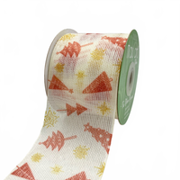 2 3/4 Inch Semi Red/Gold Sheer Holiday Tree Star Ribbon With Woven Edge