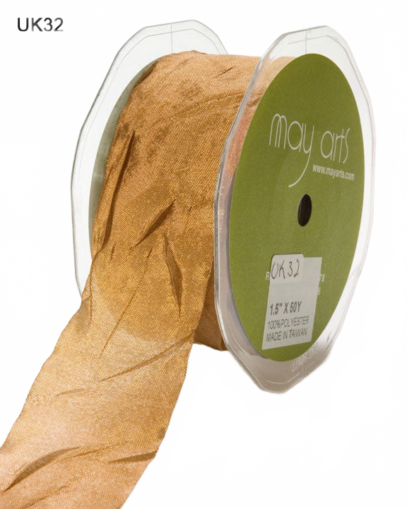1.5 Inch Crinkle Crushed Antique Gold Ribbon With Cut Edge
