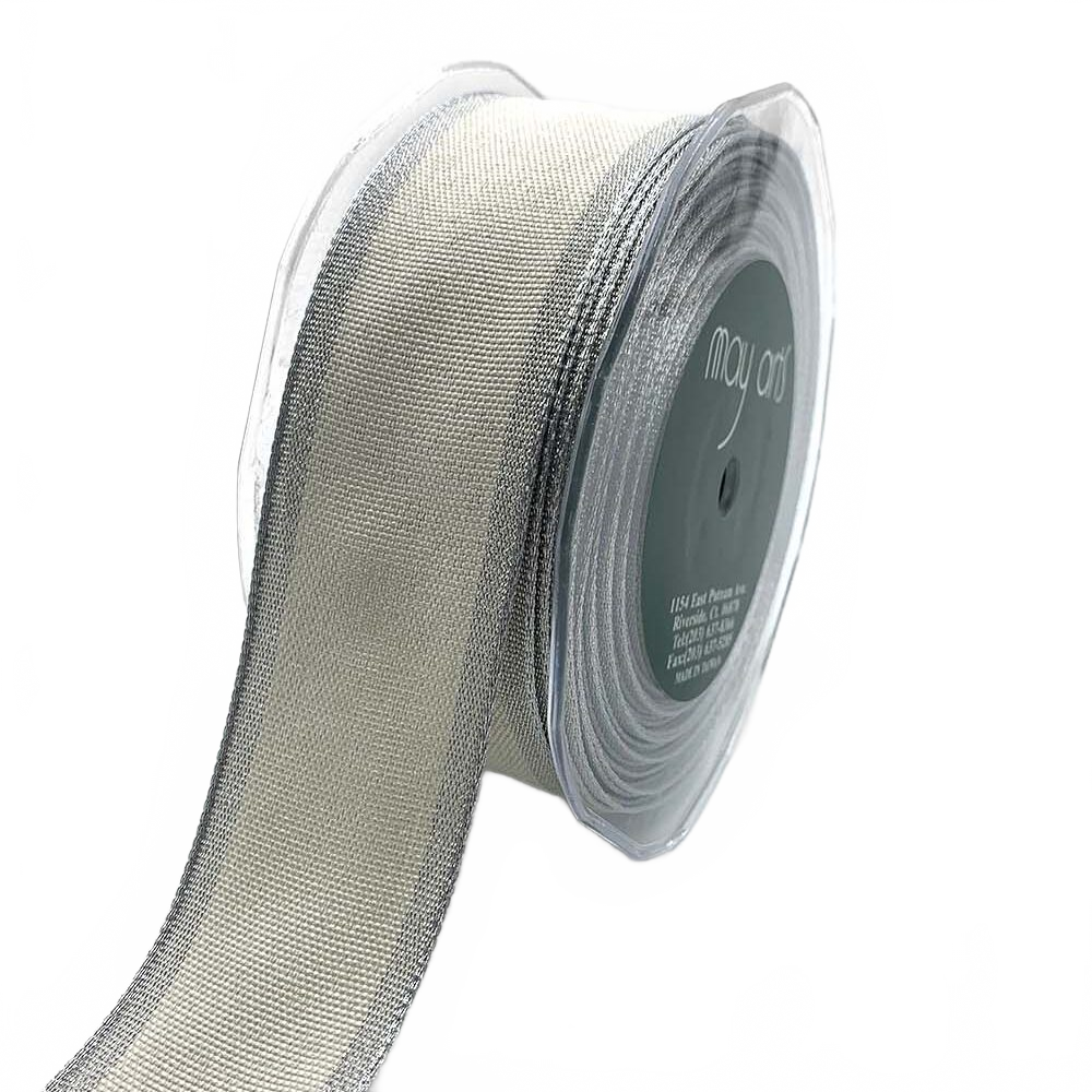1.5 Inch Woven Chambray Lined Ivory/Silver Metallic Edge Ribbon