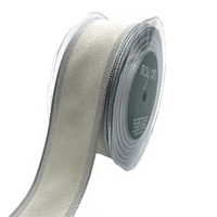 1.5 Inch Woven Chambray Lined Ivory/Silver Metallic Edge Ribbon