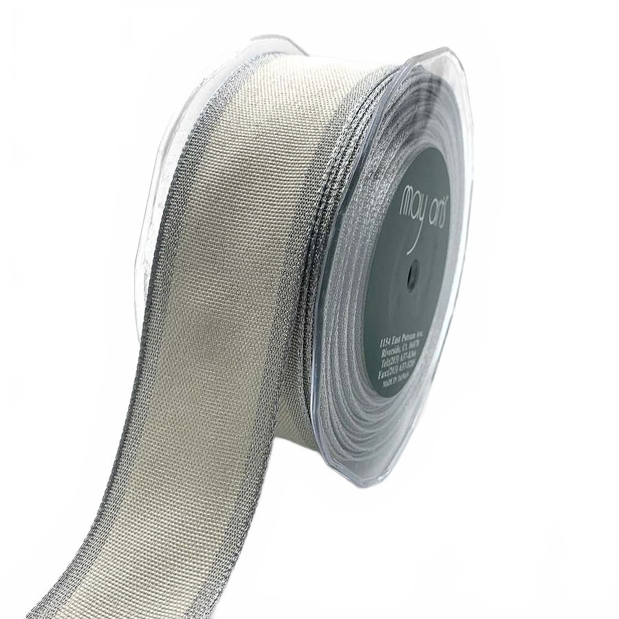 1.5 Inch Woven Chambray Lined Ivory/Silver Metallic Edge Ribbon