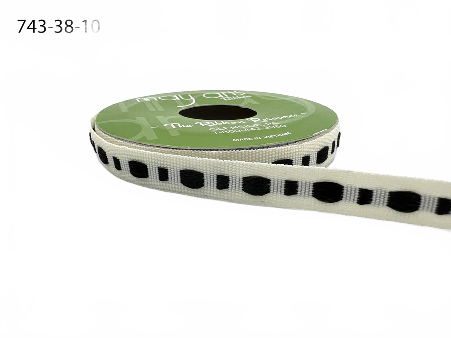 ⅜ Inch Dot Center Line Woven Edge Ivory/Black Ribbon