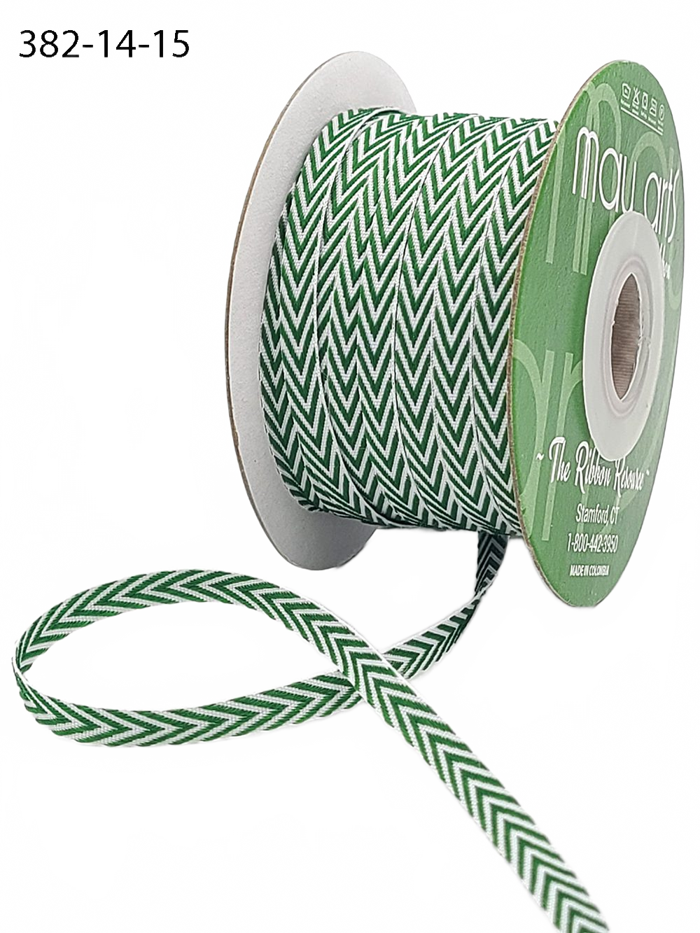 1/4 Inch Green Twill Chevron Stripe Ribbon With Woven Edge
