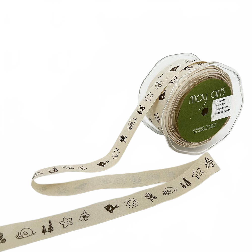 3/4 Inch Ivory Canvas Printed Ribbon With Woven Edge