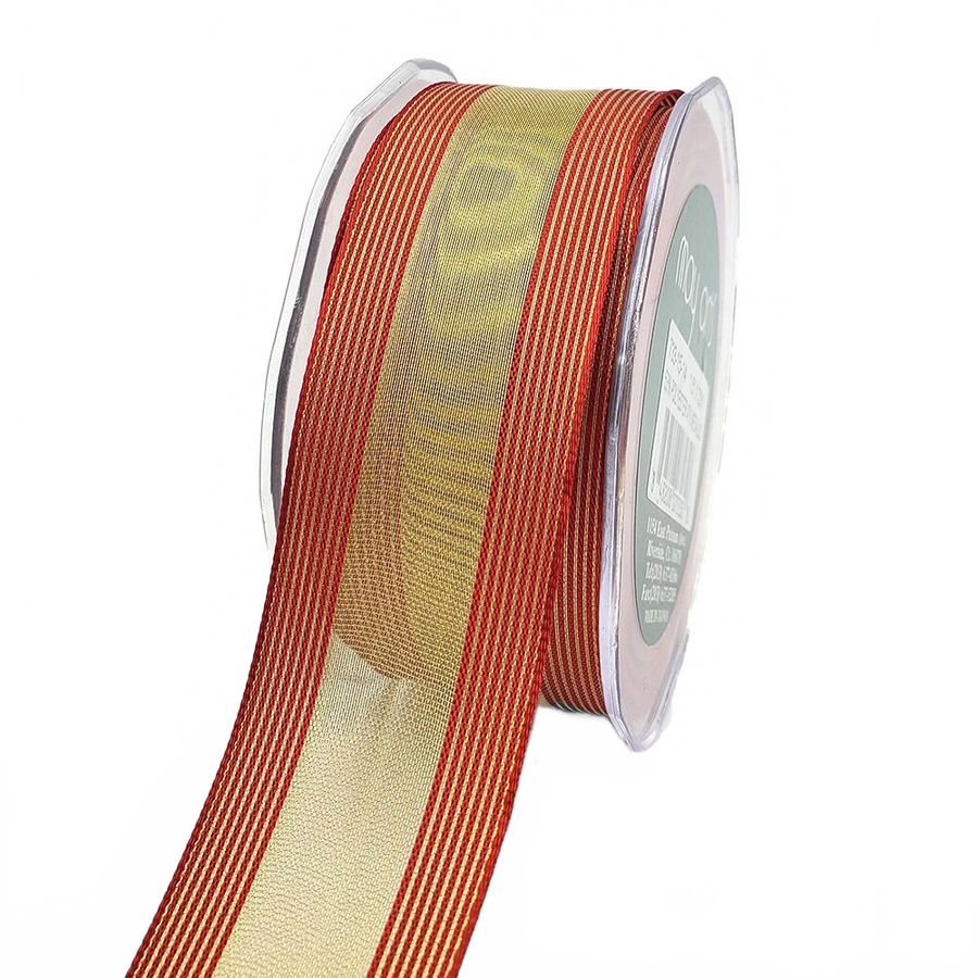 1.5 Inch Sheer Gold/Red Metallic Stripes Wired Ribbon