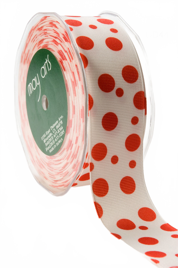 1.5 Inch White/Red Dots Grosgrain Printed Dots Ribbon With Woven Edge