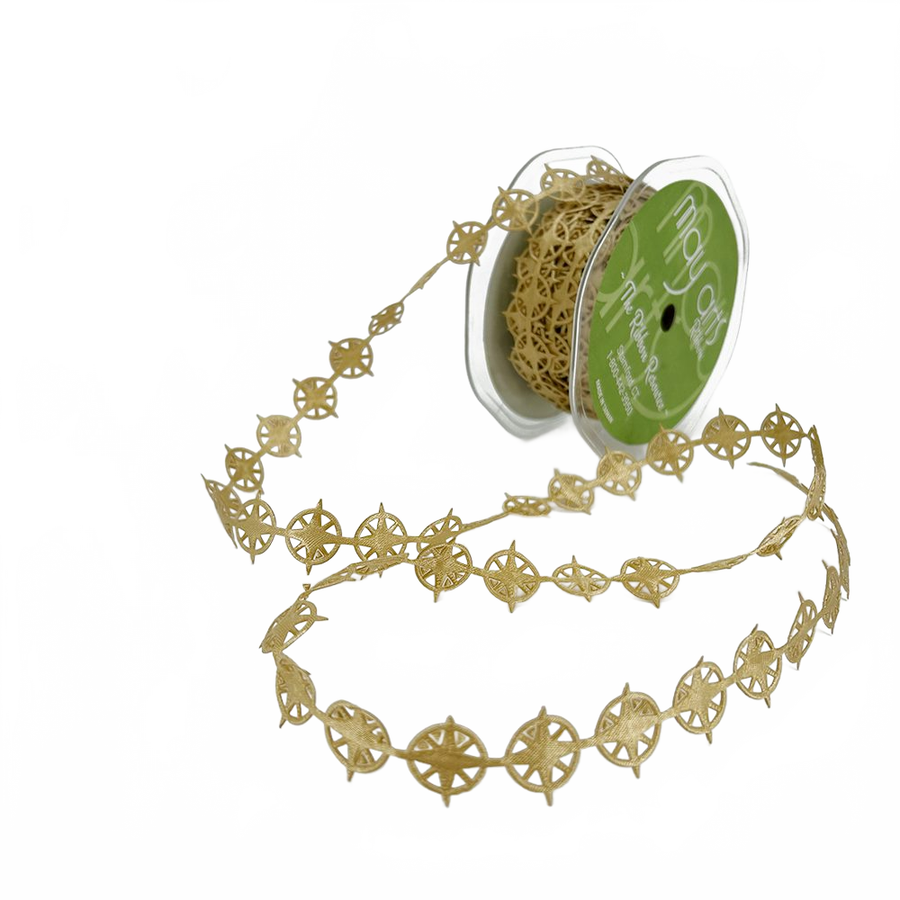 3/4 Inch Original Gold Compass Satin Cut Out Banner Ribbon With Cut Sealed Edge