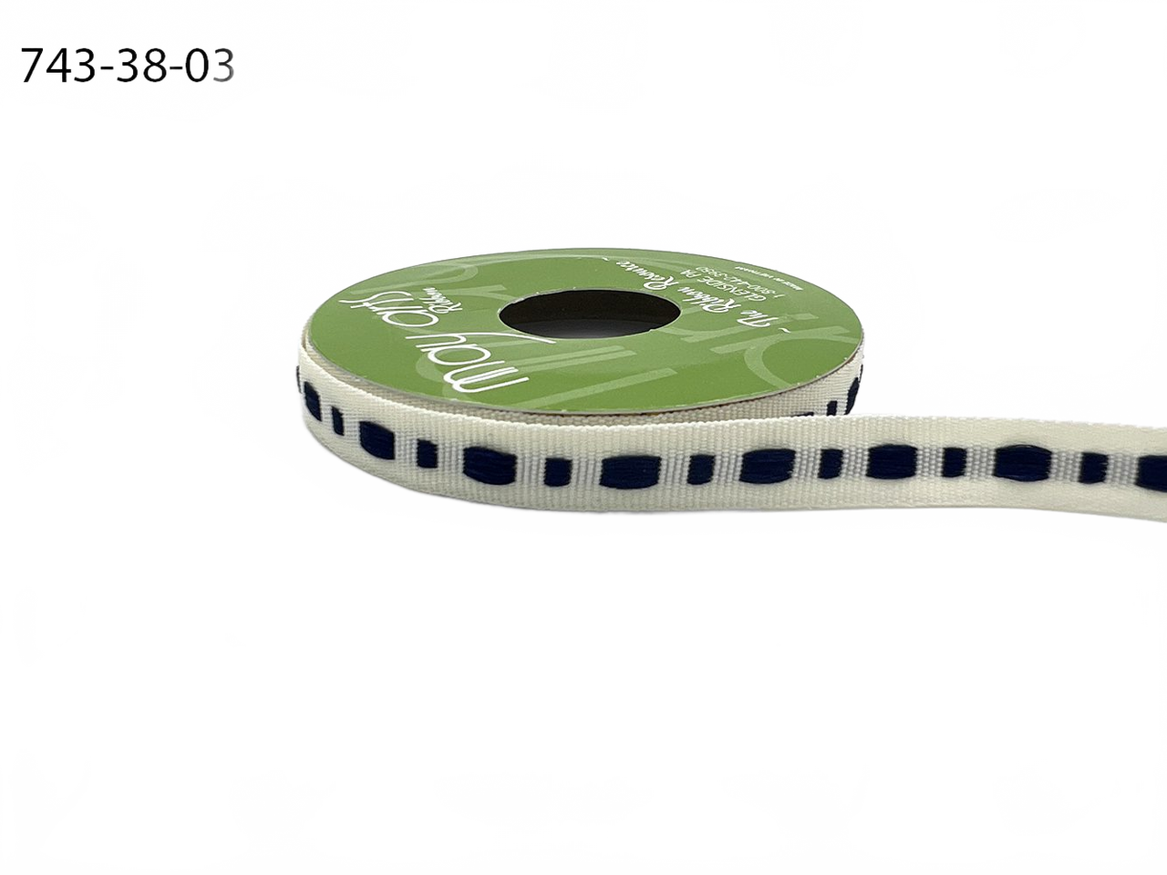 ⅜ Inch Dot Center Line Woven Edge Ivory/Navy Ribbon