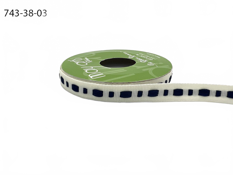 ⅜ Inch Dot Center Line Woven Edge Ivory/Navy Ribbon