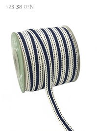 3/8 Inch Solid Color Band Ivory/Navy Ribbon With Natural Woven Stitched Edge