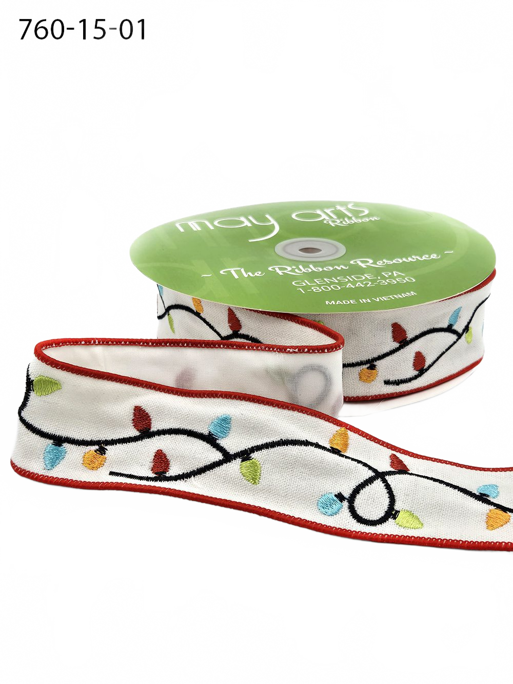 1.5 Inch Embroidered String Of Christmas Lights White Ribbon (Wired)