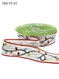 1.5 Inch Embroidered String Of Christmas Lights White Ribbon (Wired)