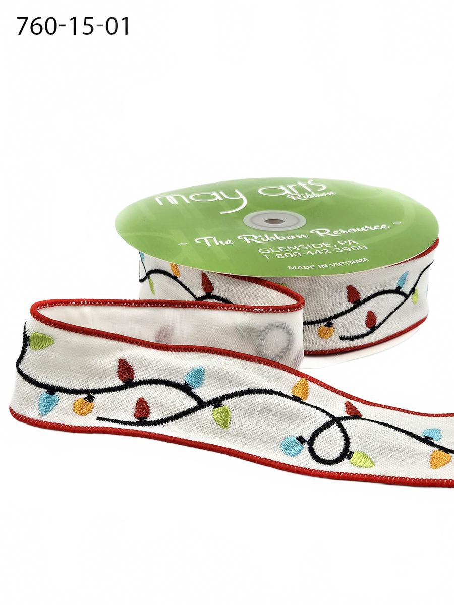 1.5 Inch Embroidered String Of Christmas Lights White Ribbon (Wired)