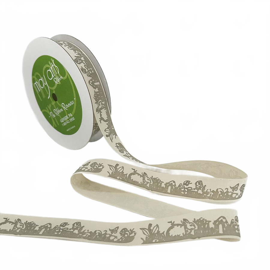 3/4 Inch Ivory Spring Bunny Canvas Printed Ribbon With Woven Edge