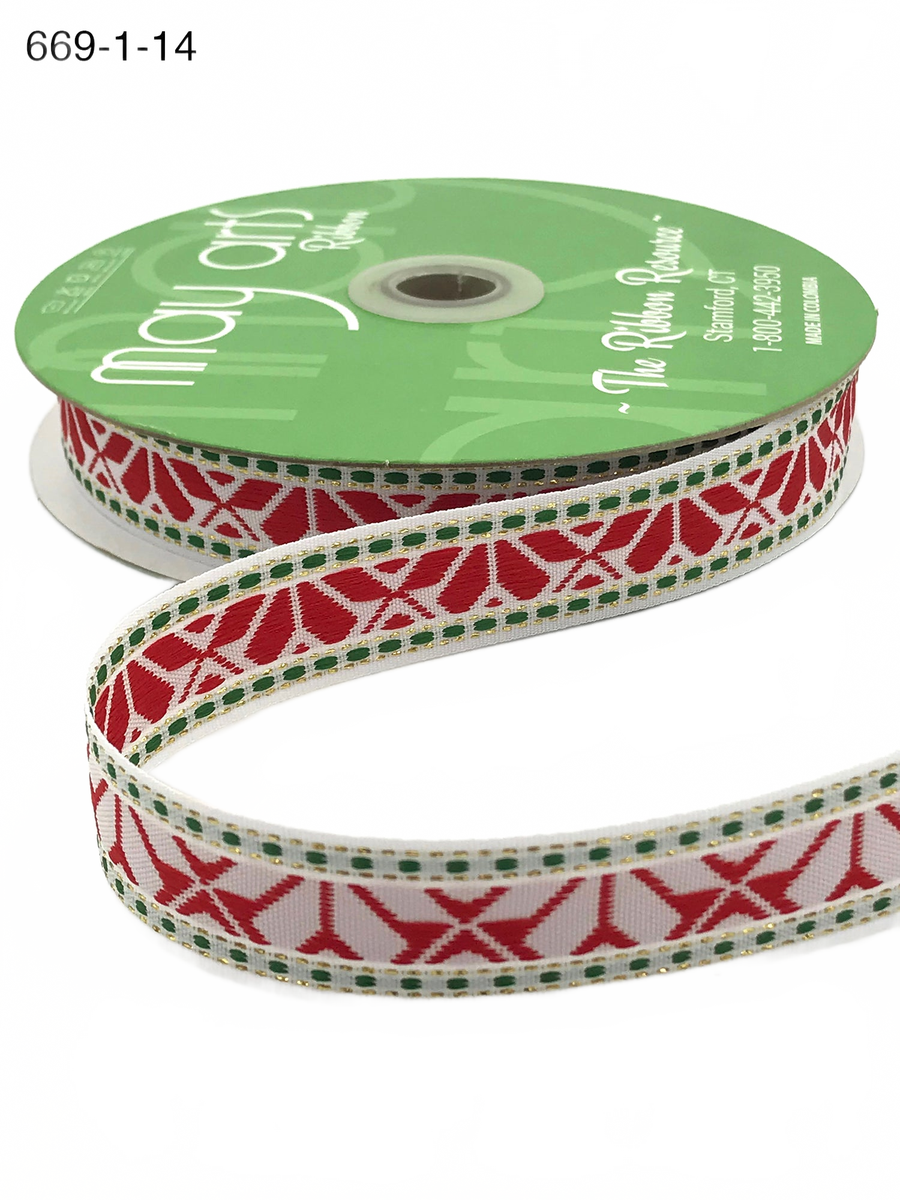 1 Inch Holiday Embroidered Geo Print White Ribbon With Woven Edge