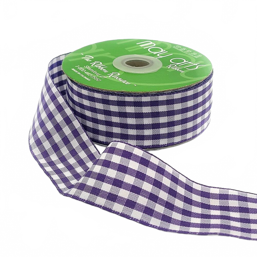 1.5 Inch Checkered Gingham Purple Ribbon With Woven Edge