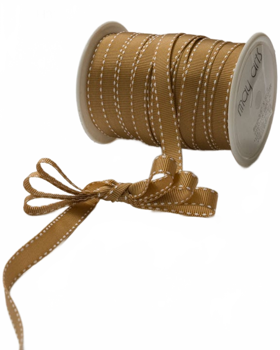 3/8 Inch Classic Antique Gold/White Stitch Grosgrain Ribbon With Woven Stitched Edge