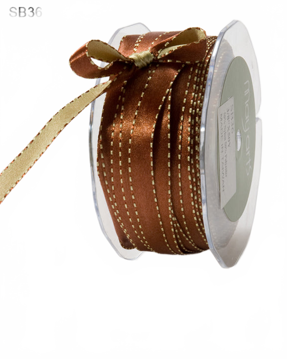 3/8 Inch Reversible Two-Color Rust/Sage Satin Ribbon With Woven Stitched Edge