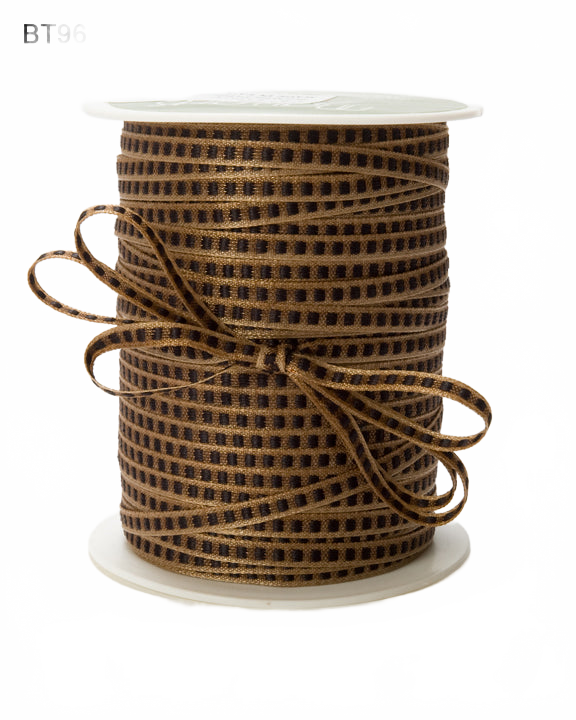 1/8 Inch Block Stitched Center Brown/Black Stitch Ribbon With Woven Edge