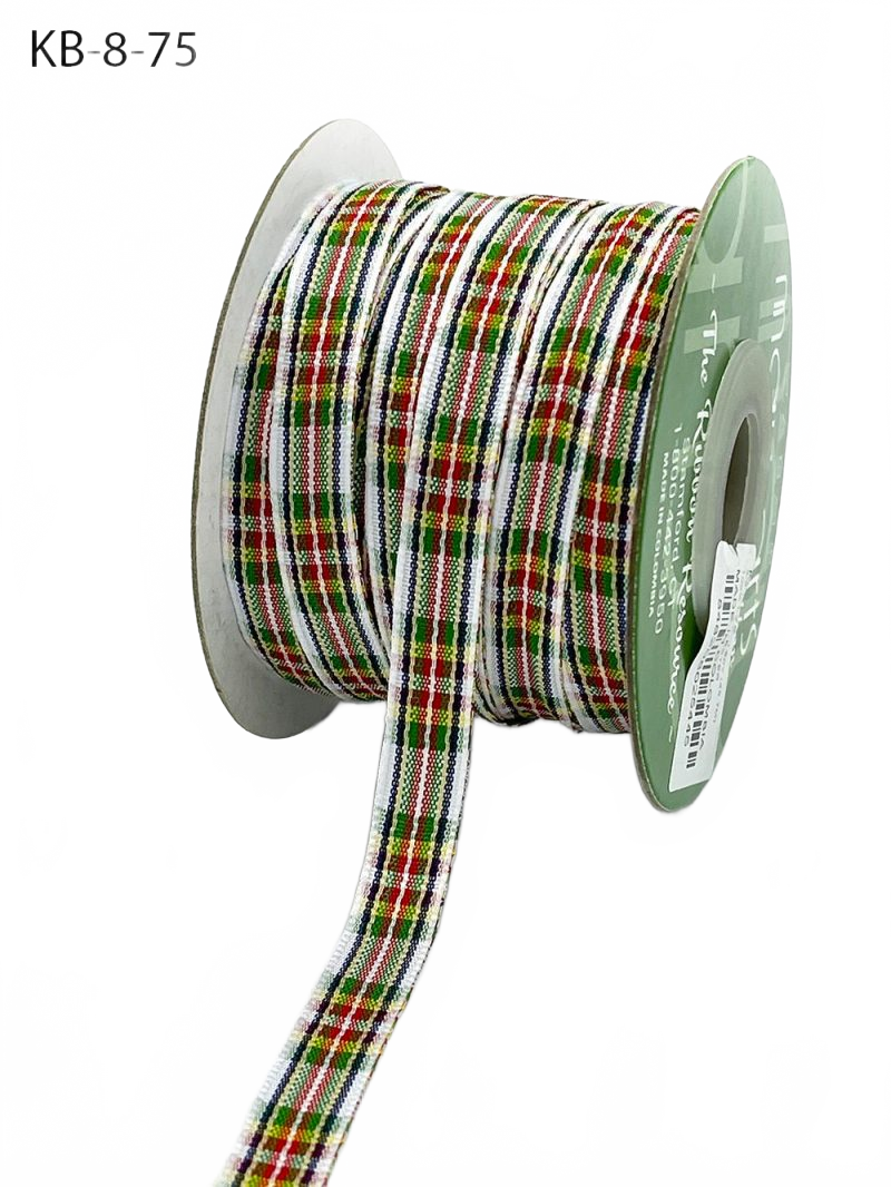 3/8 Inch Checkered Red/Green/Yellow/Navy Plaid Ribbon With Woven Edge