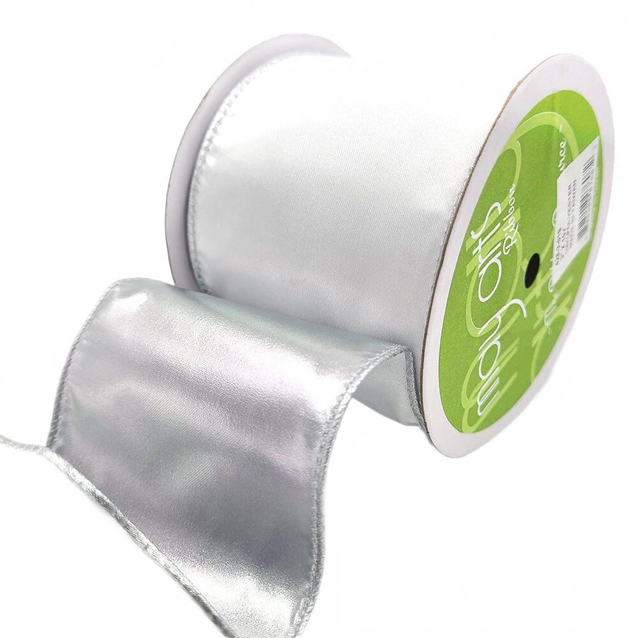 3 Inch Satin White/Silver Metallic Reversible Ribbon With Wired Woven Edge