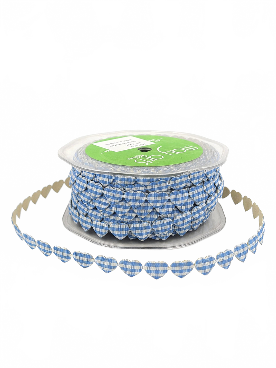 3/8 Inch Adhesive Puffy Mini Gingham Heart Light Blue/Ivory Ribbon With Cut Sealed Edge