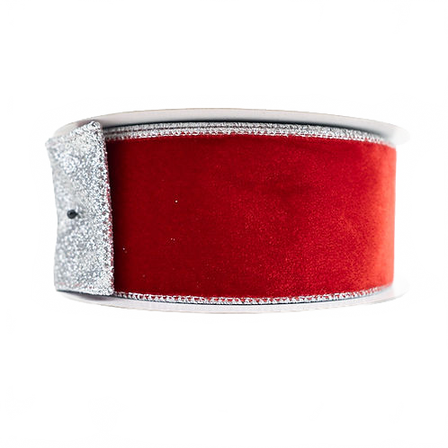 Ribbon 2.5" Velvet Glitter Red And Silver