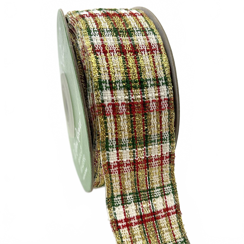 ~1 3/8 Inch Red, Green & Metallic Gold Loose Weave Tartan Plaid Ribbon