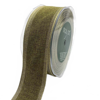 1.5 Inch Woven Chambray Lined Olive/Gold Metallic Edge Ribbon