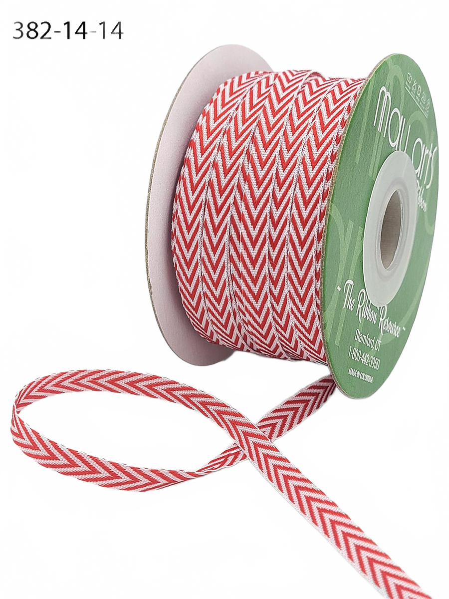 1/4 Inch Red Twill Chevron Stripe Ribbon With Woven Edge