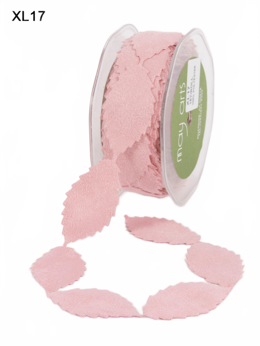 1 Inch Faux Suede Leaves Pink Ribbon With Cut Edge