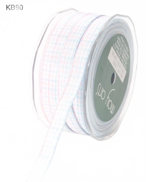 3/8 Inch Checkered Pink/Blue/White Ribbon With Woven Edge