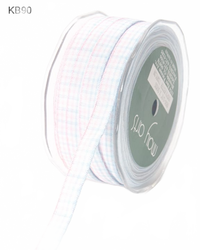 3/8 Inch Checkered Pink/Blue/White Ribbon With Woven Edge