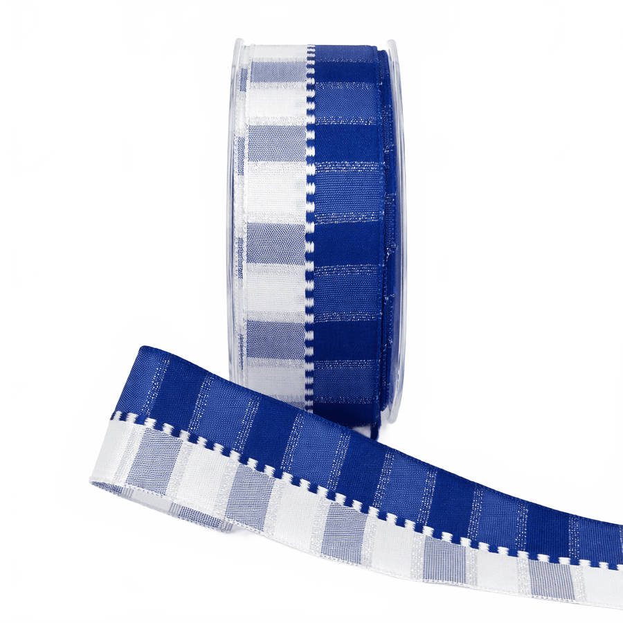 1.5 Inch Woven Holiday Blue/White/Silver Stripes Ribbon With Wired Edge