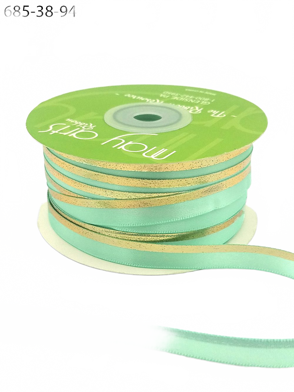 ~3/8″ Single Faced Satin Gold Robins Egg Blue/Gold Foil Stripe Ribbon