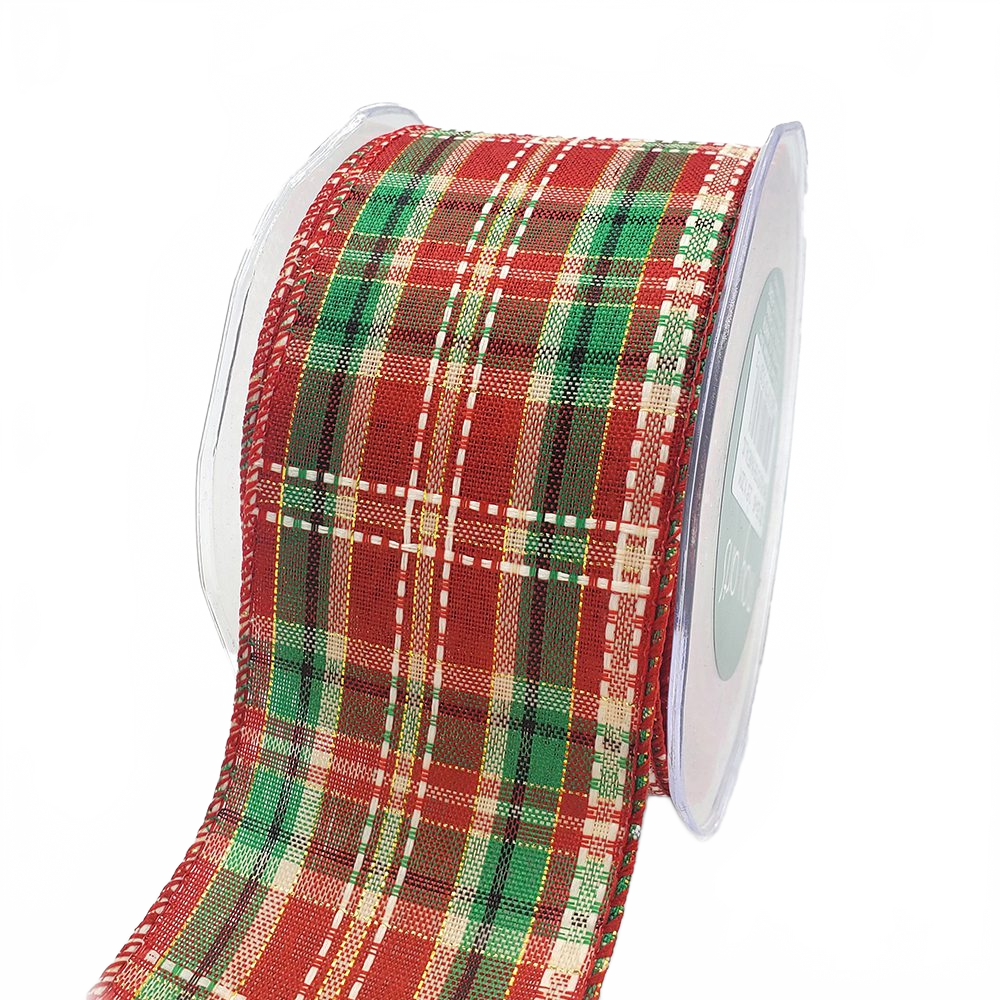 2.5 Inch Wired Tartan Plaid Stitches Christmas Red/Green/White/Gold Ribbon