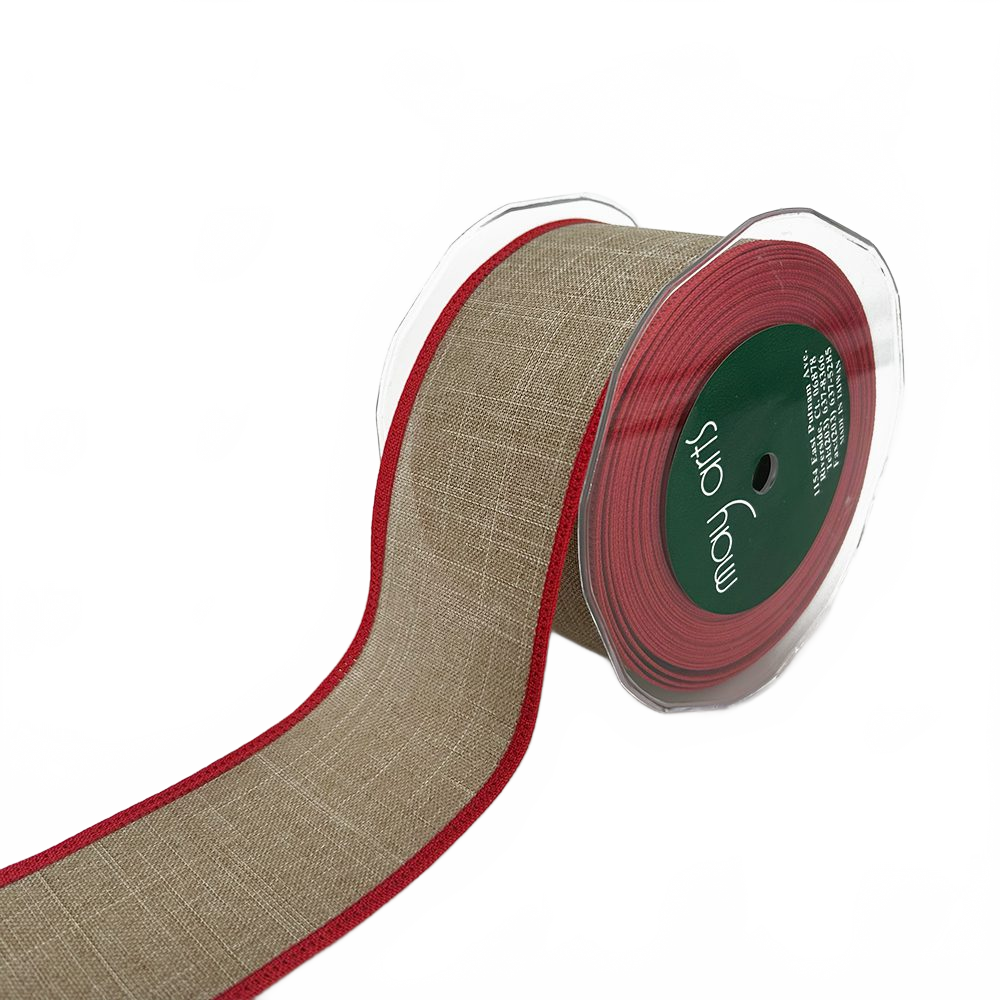 2.5 Inch Christmas Loose Weave Faux Red/Natural Linen Thick Border Ribbon