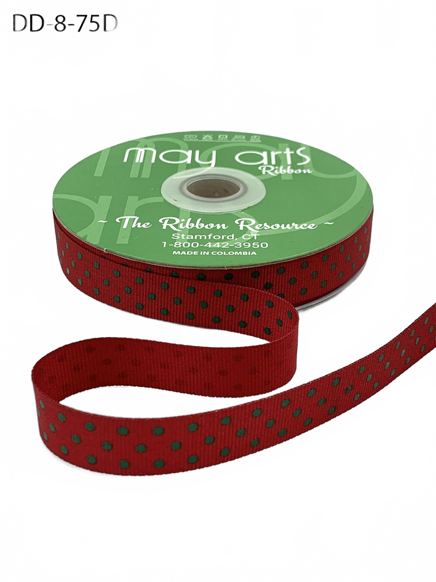 5/8 Inch Red/Green Grosgrain Printed Dots Ribbon With Woven Edge